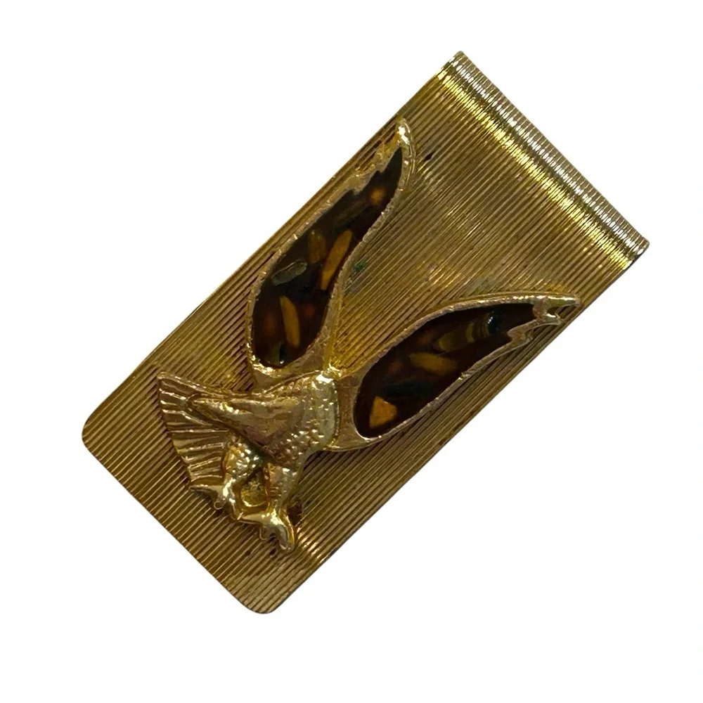 Vintage 2” Money Clip Gold Tone Metal Resin Brown And Gold Landing Eagle